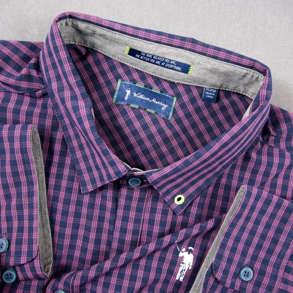 William Murray Golf Vented Purple Gingham Long Sleeve Shirt Stretch Mens XL